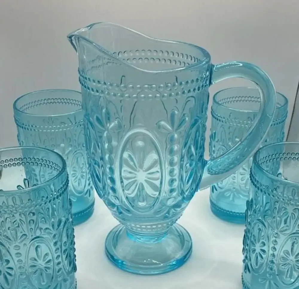 Vintage-Inspired Embossed Light Blue Glass Pitcher And 4 Tumbler Drinking Glasse